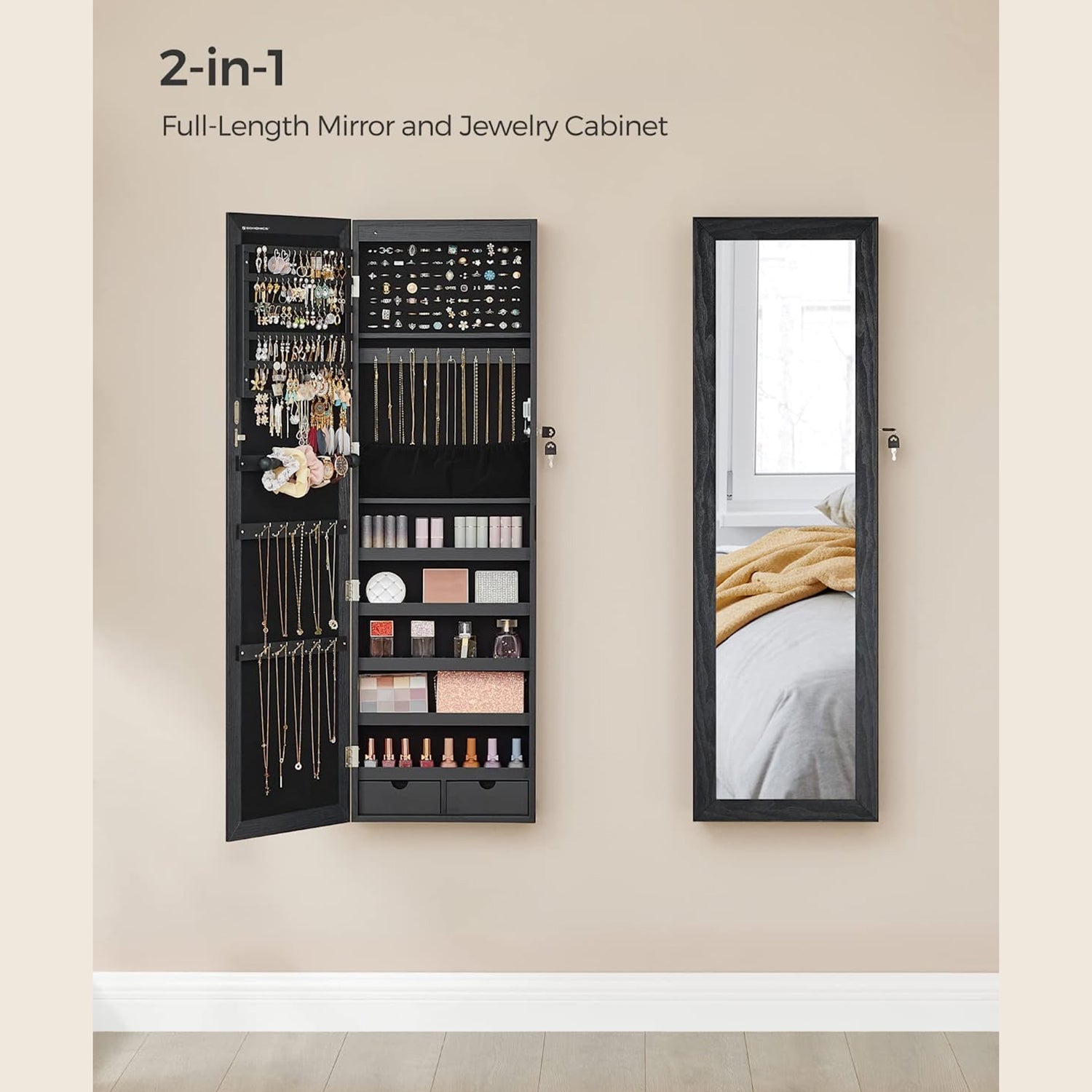 Schmuckschrank - Hängen - mit LED -Beleuchtung - Türmontage - Schwarz