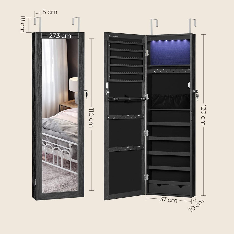 Schmuckschrank - Hängen - mit LED -Beleuchtung - Türmontage - Schwarz