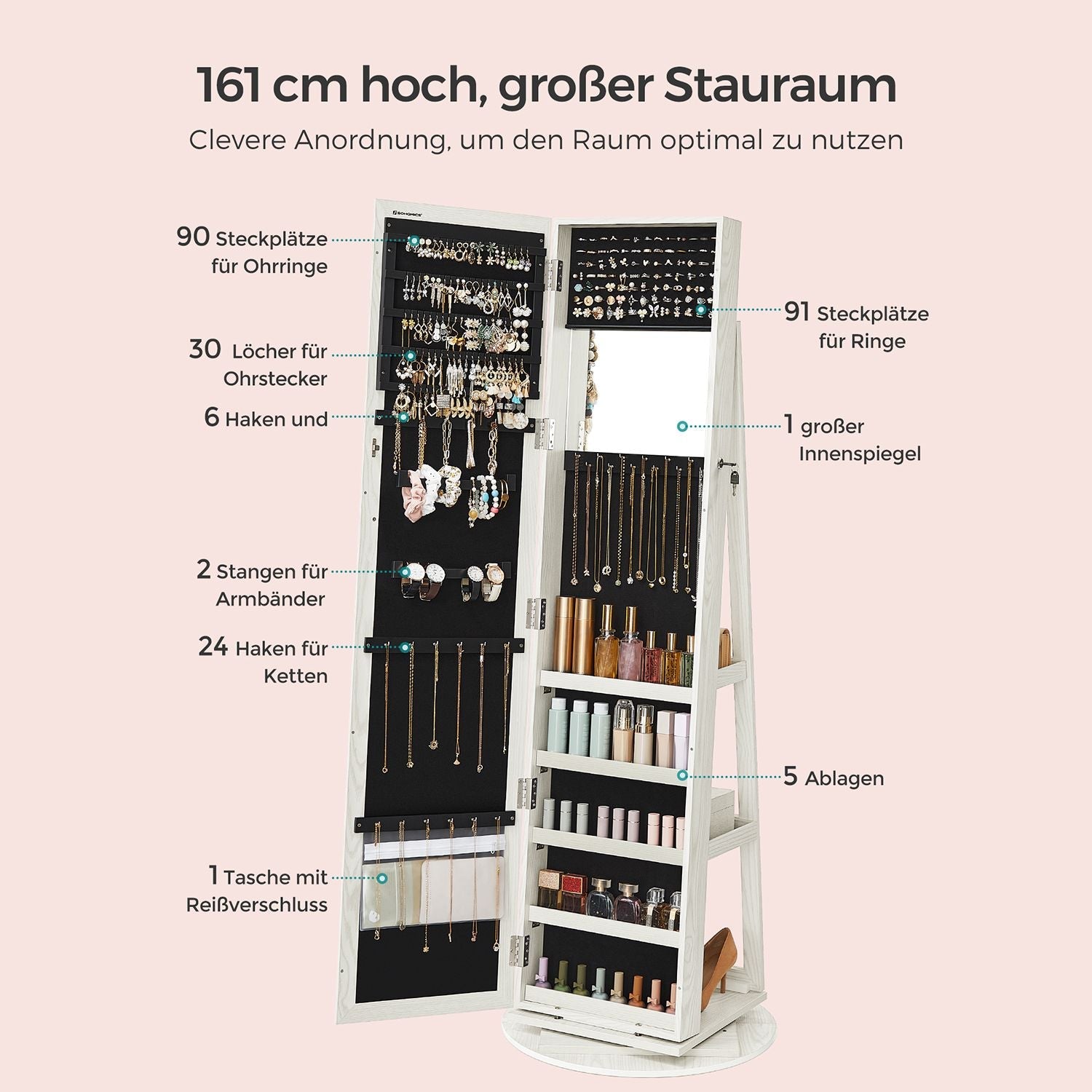 Schmuckschrank - Spiegelschrank - 360 ° Rotatierbar - abschließbar - Weiß