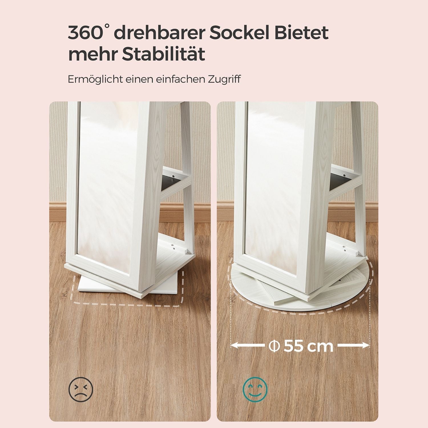 Schmuckschrank - Spiegelschrank - 360 ° Rotatierbar - abschließbar - Weiß
