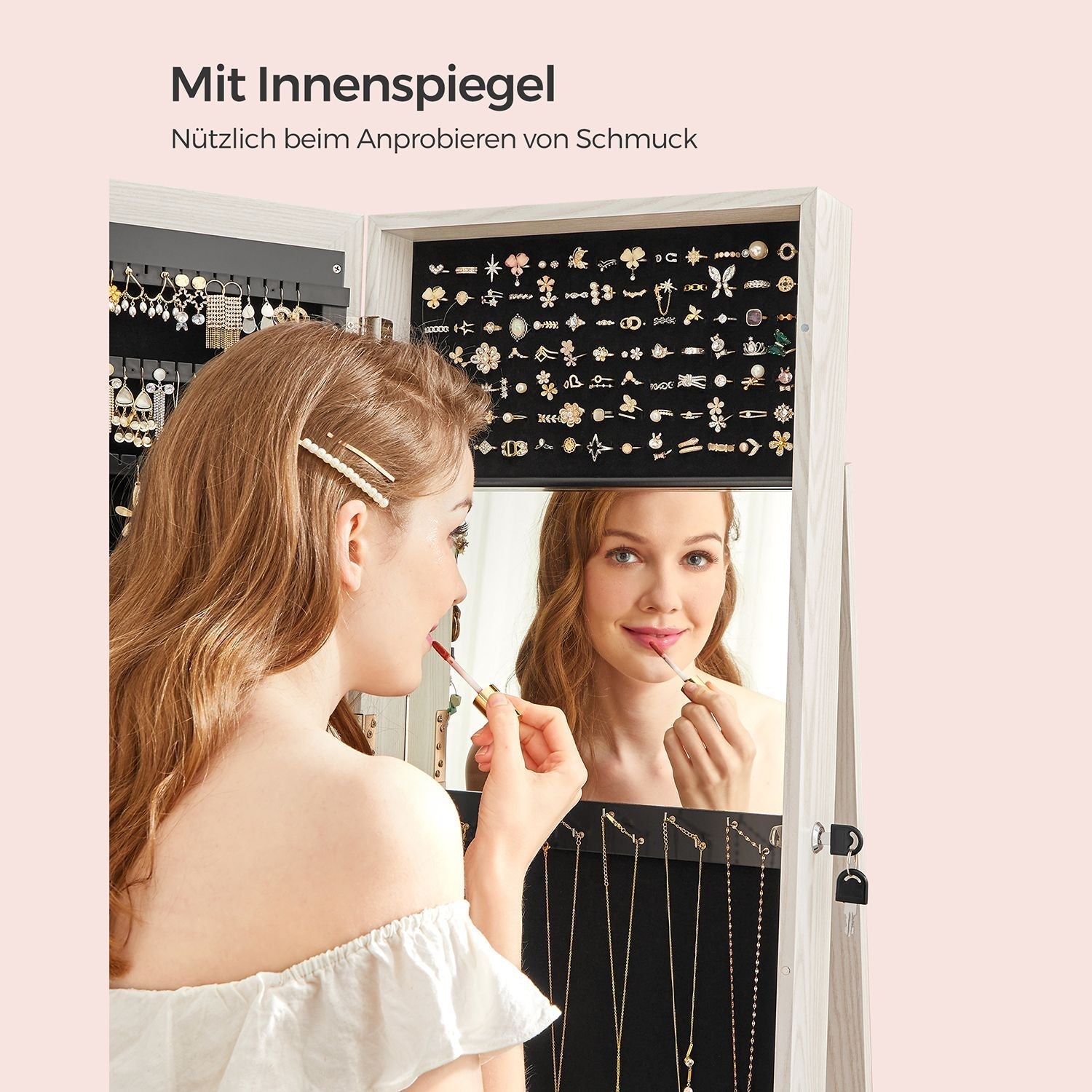 Schmuckschrank - Spiegelschrank - 360 ° Rotatierbar - abschließbar - Weiß