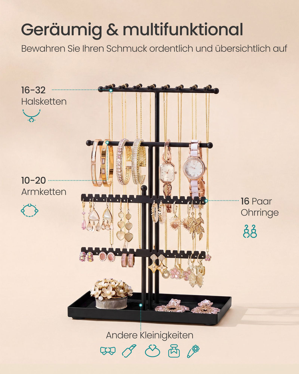 Sieradenstandaard - Van Metaal met Fluwelen Blad - Inktzwart - 11 x 18 x 29,5 cm