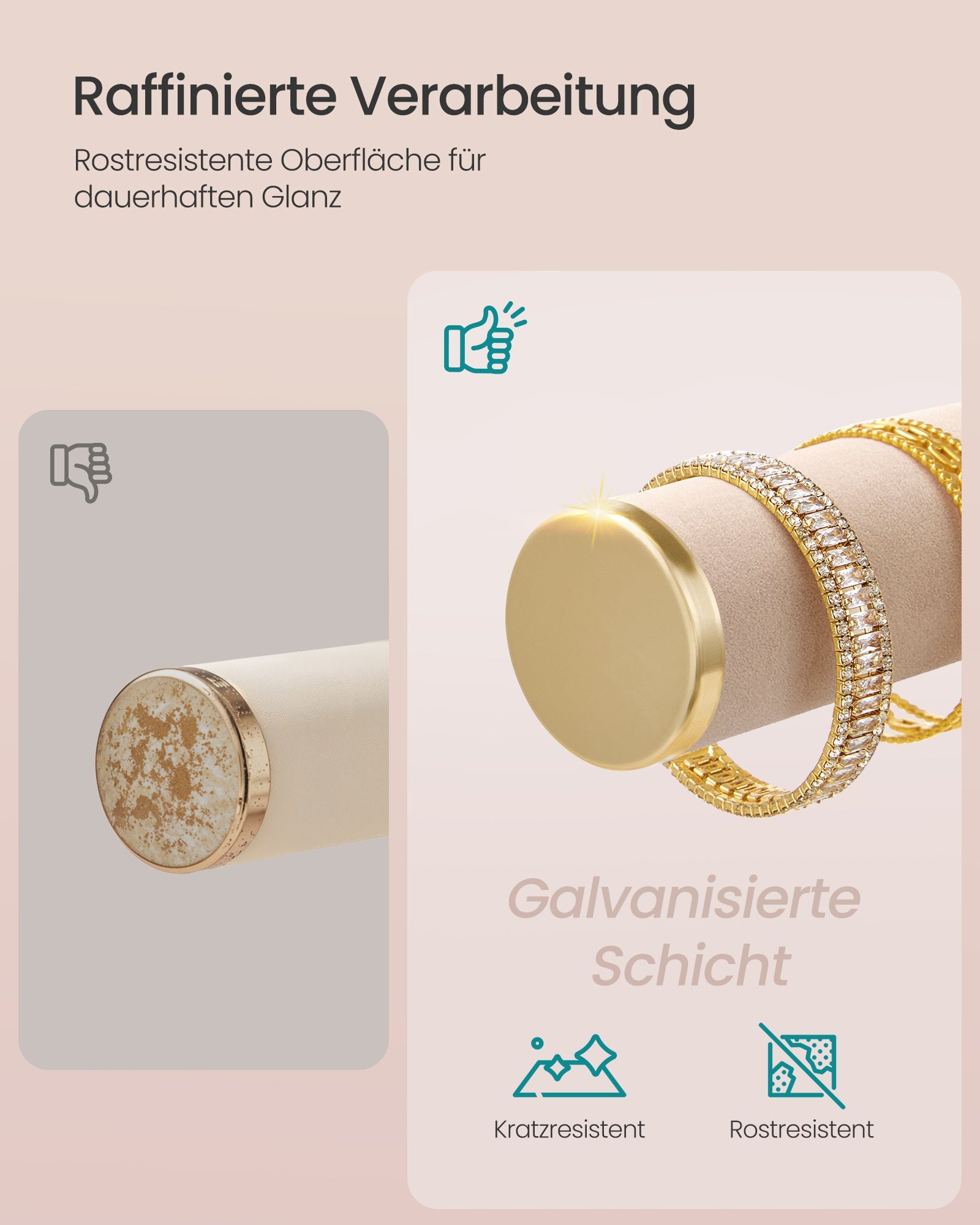 Sieradenhouder - 15 x 22 x 29,2 cm - Lichtgoud en camelbruin fluweel - Capaciteit voor armbanden en oorbellen - 0,6 kg