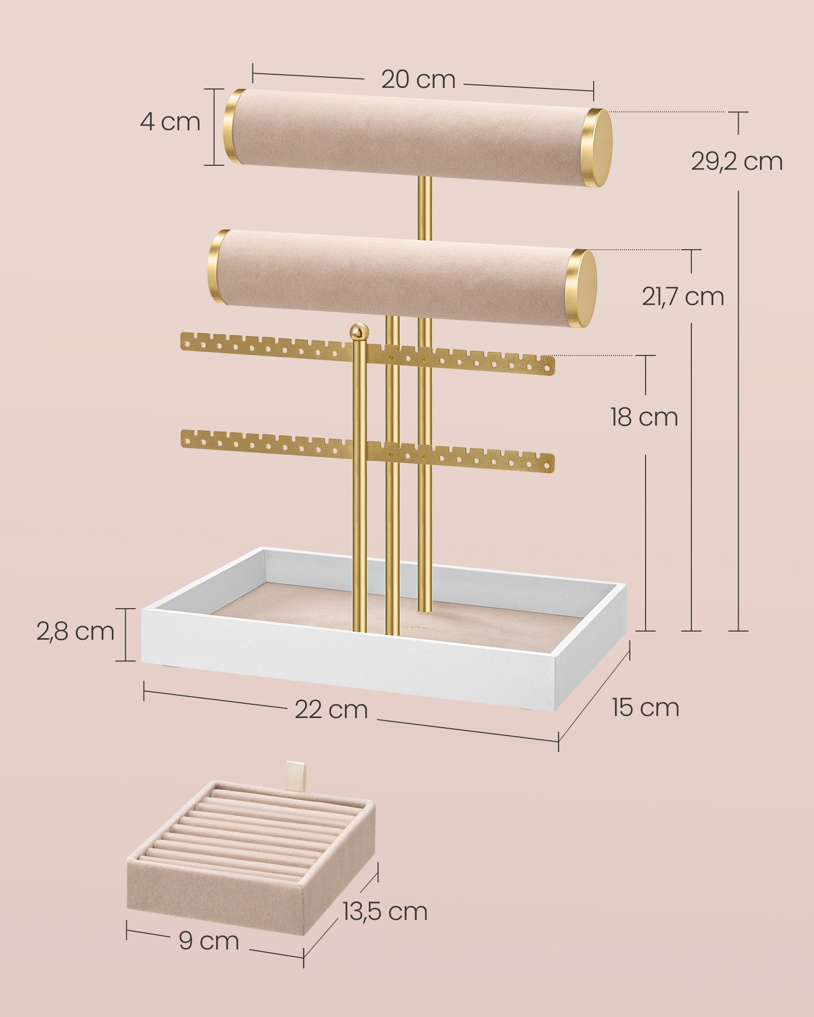 Sieradenhouder - 15 x 22 x 29,2 cm - Lichtgoud en camelbruin fluweel - Capaciteit voor armbanden en oorbellen - 0,6 kg