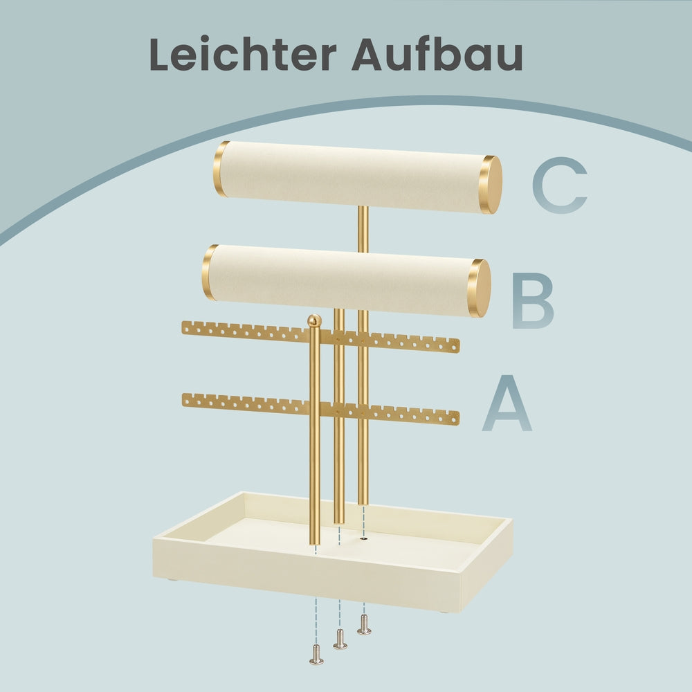 Sieradenstandaard - 15 x 22 x 29,2 cm - afneembare ringhouder - witgoud - 0,6 kg