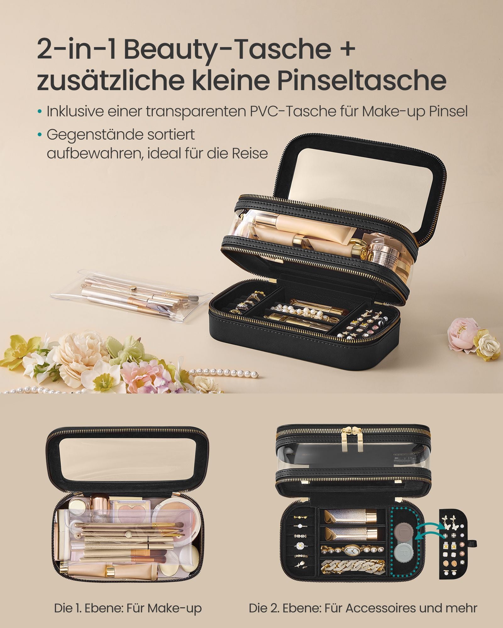 Make-up-Tasche mit Schmuckschachtel-Tintenschwarz