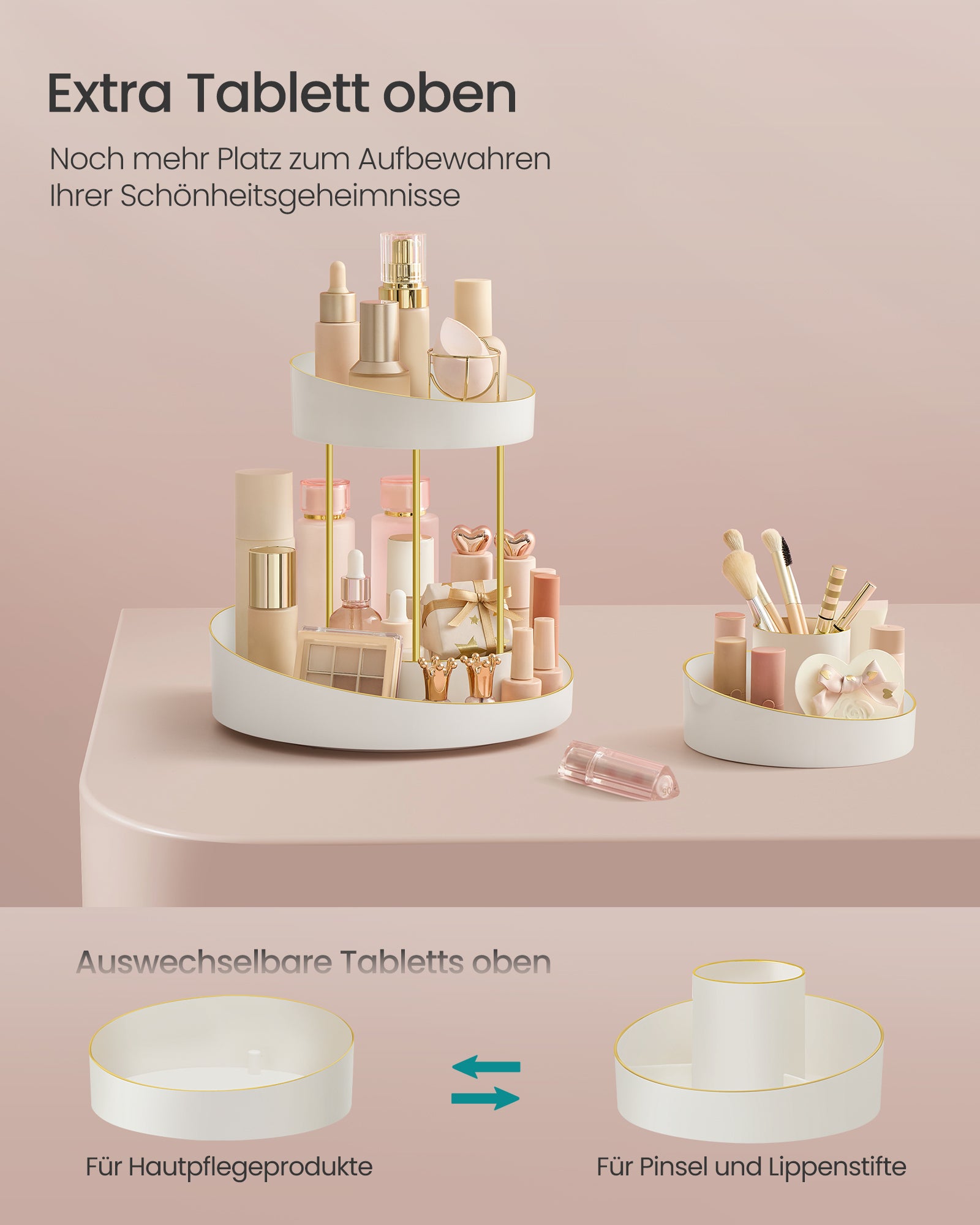 Make-up-Organisator rotatable mit zusätzlicher Schüssel mit goldfarben