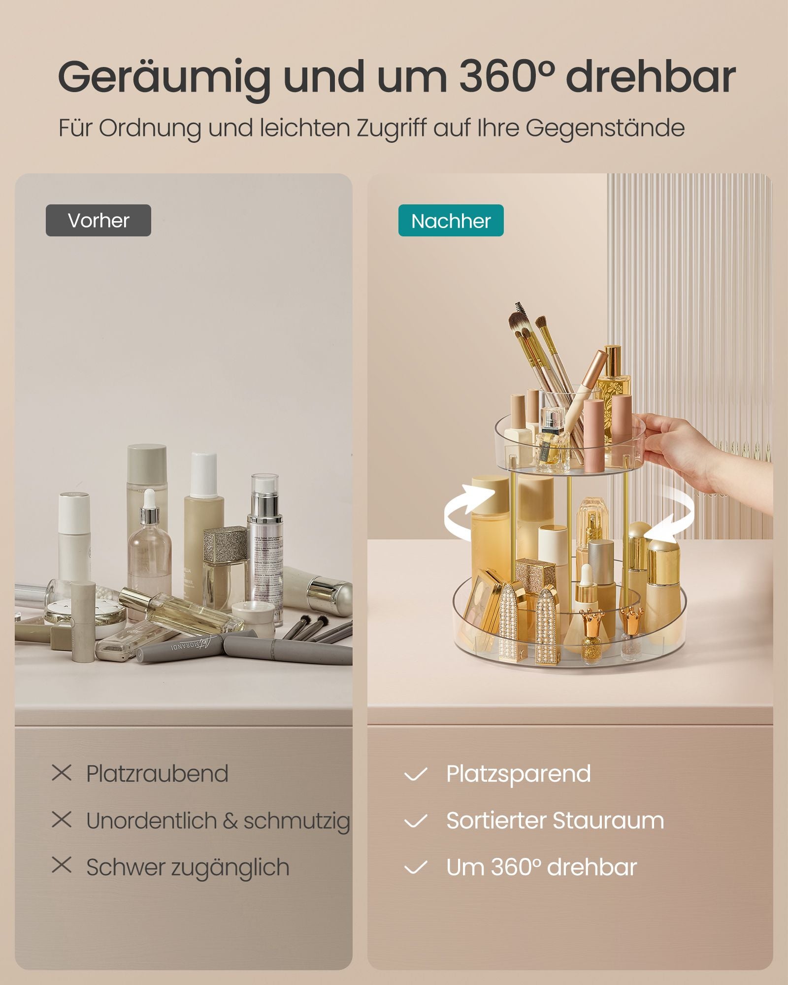 Make-up-Organizer mit zusätzlich transparentem Behälter drehen