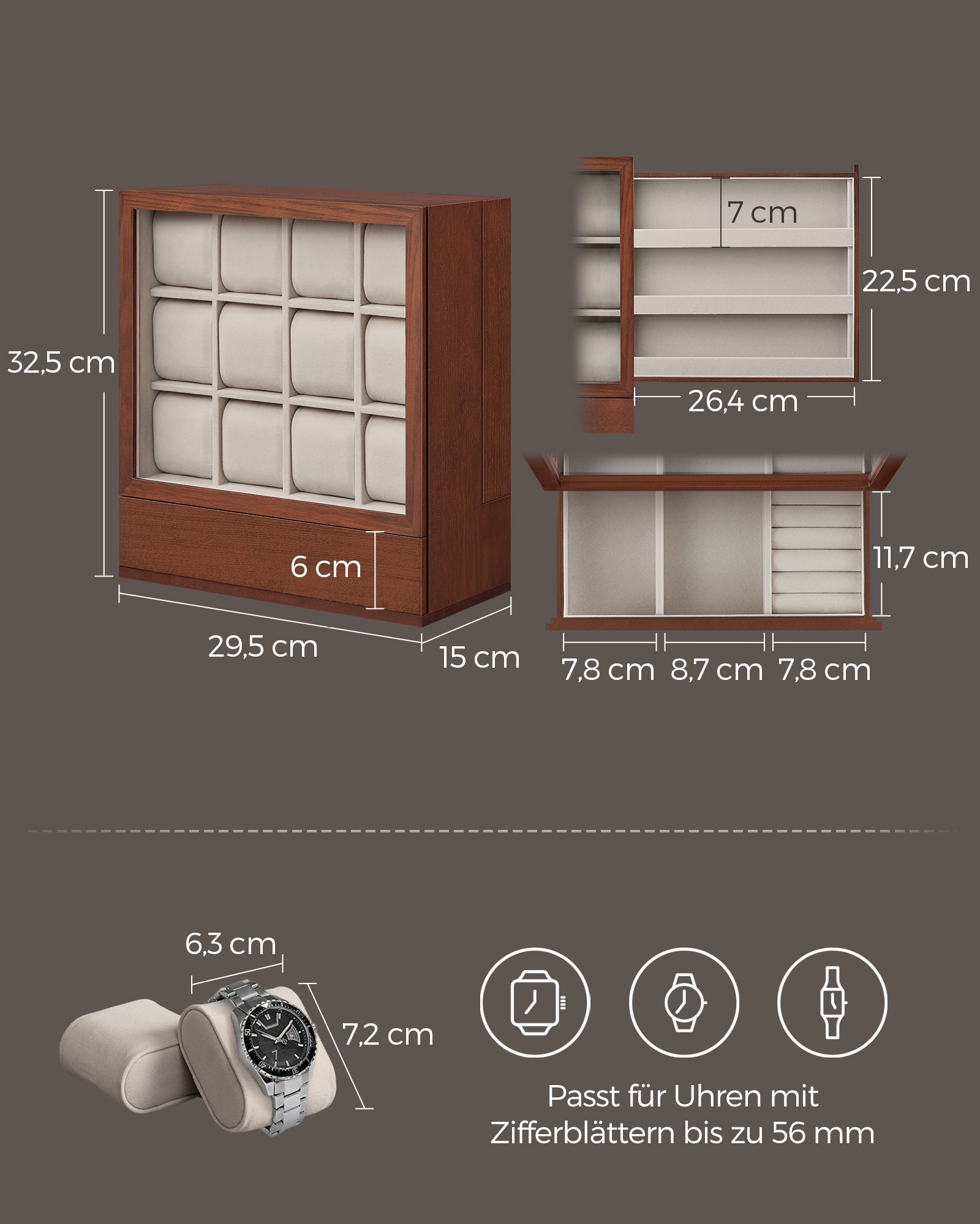 Uhr Box-12-Fächer-mit der Fenstergift-Ideen-Kaffee Brown