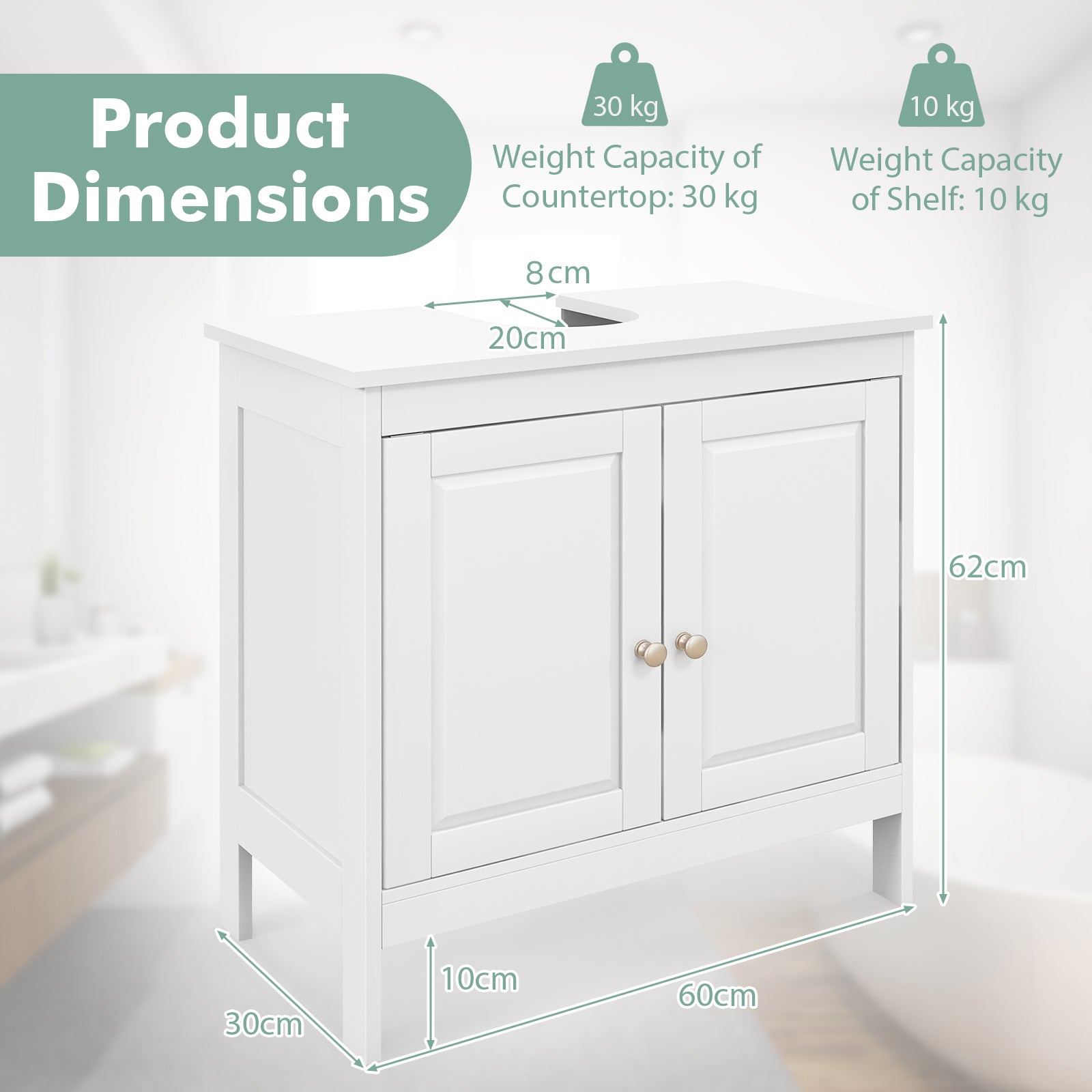 Underdel – Badrumsskåp med dörrar och justerbar hylla Raka ben – 2 60 x 30 x 60 cm – Vit