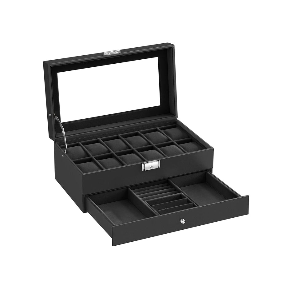 Watchbox - mit Schublade - 12 Uhren - Schmuckschachtel - Glasdeckel - Schwarz