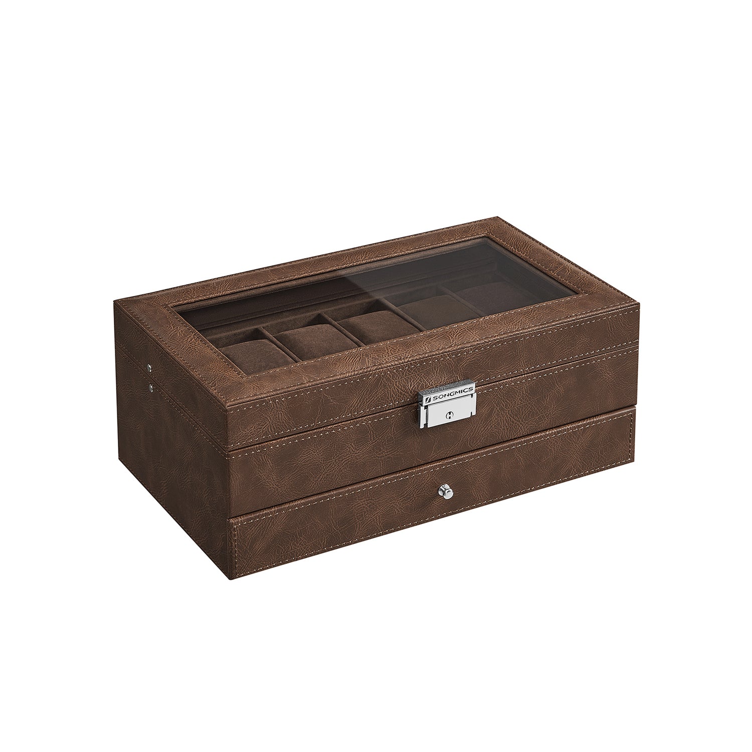 Watchbox - mit Schublade - 12 Uhren - Schmuckschachtel - Glasdeckel - Schwarz