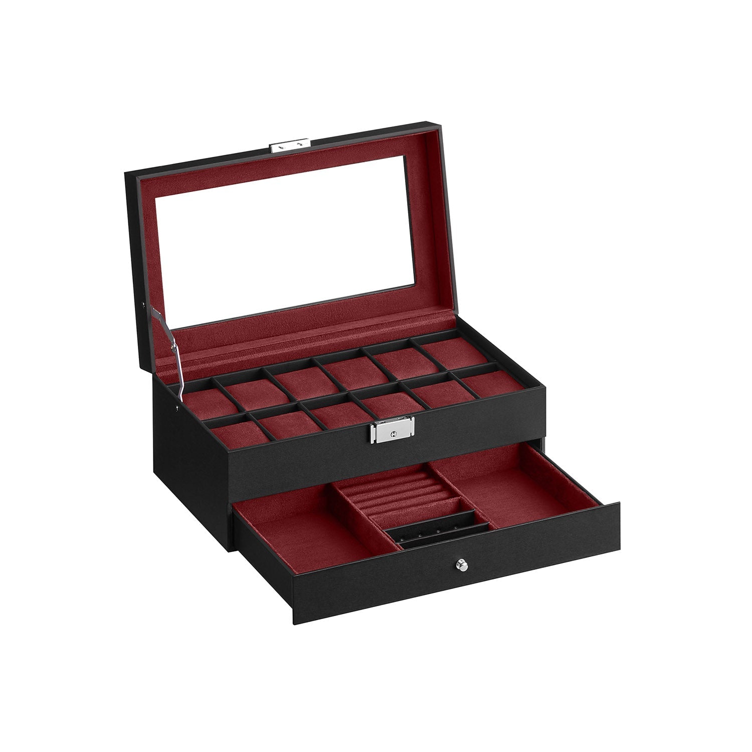 Watchbox - mit Schublade - 12 Uhren - Schmuckschachtel - Glasdeckel - Schwarz