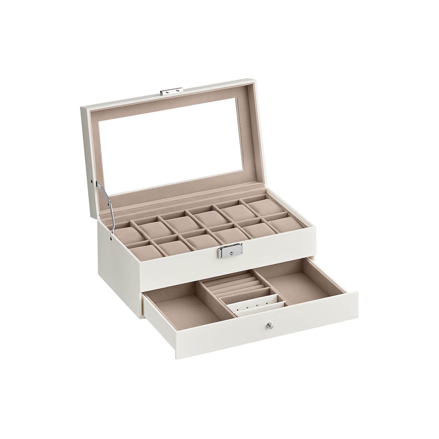 Watchbox - mit Schublade - 12 Uhren - Schmuckschachtel - Glasdeckel - Schwarz