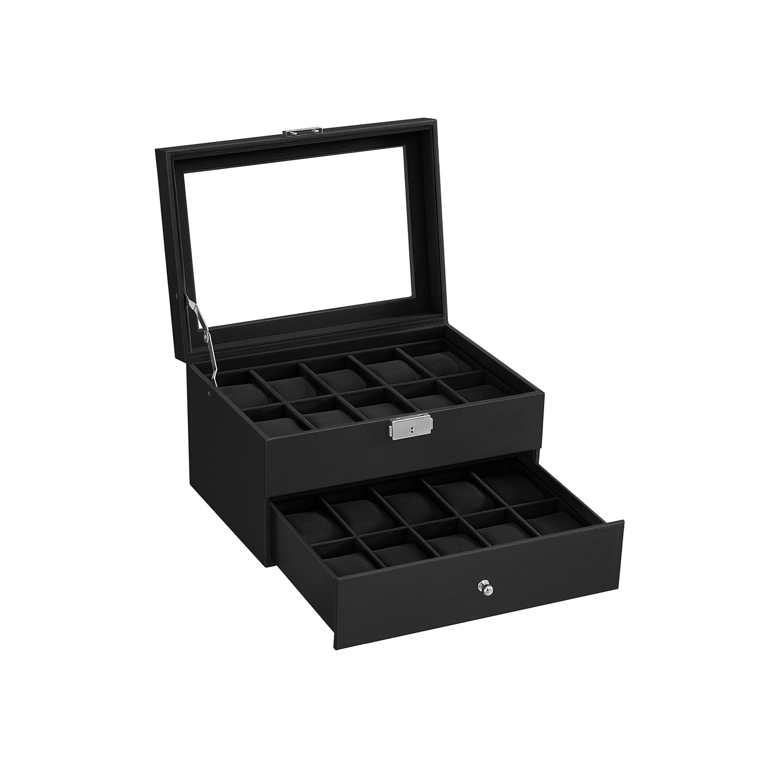 Watchbox - 20 Uhren - Glasdeckel - Schwarz