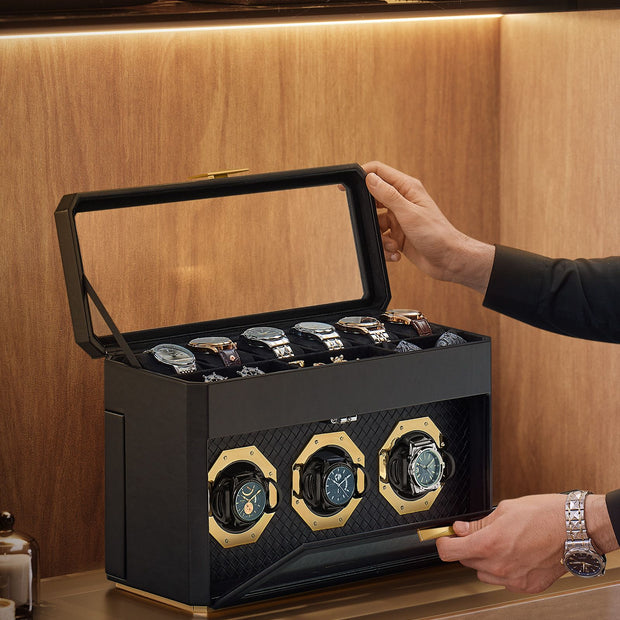 Beobachtungsschachtel - für 9 Uhren - mit Tintenschwarzglasfenster