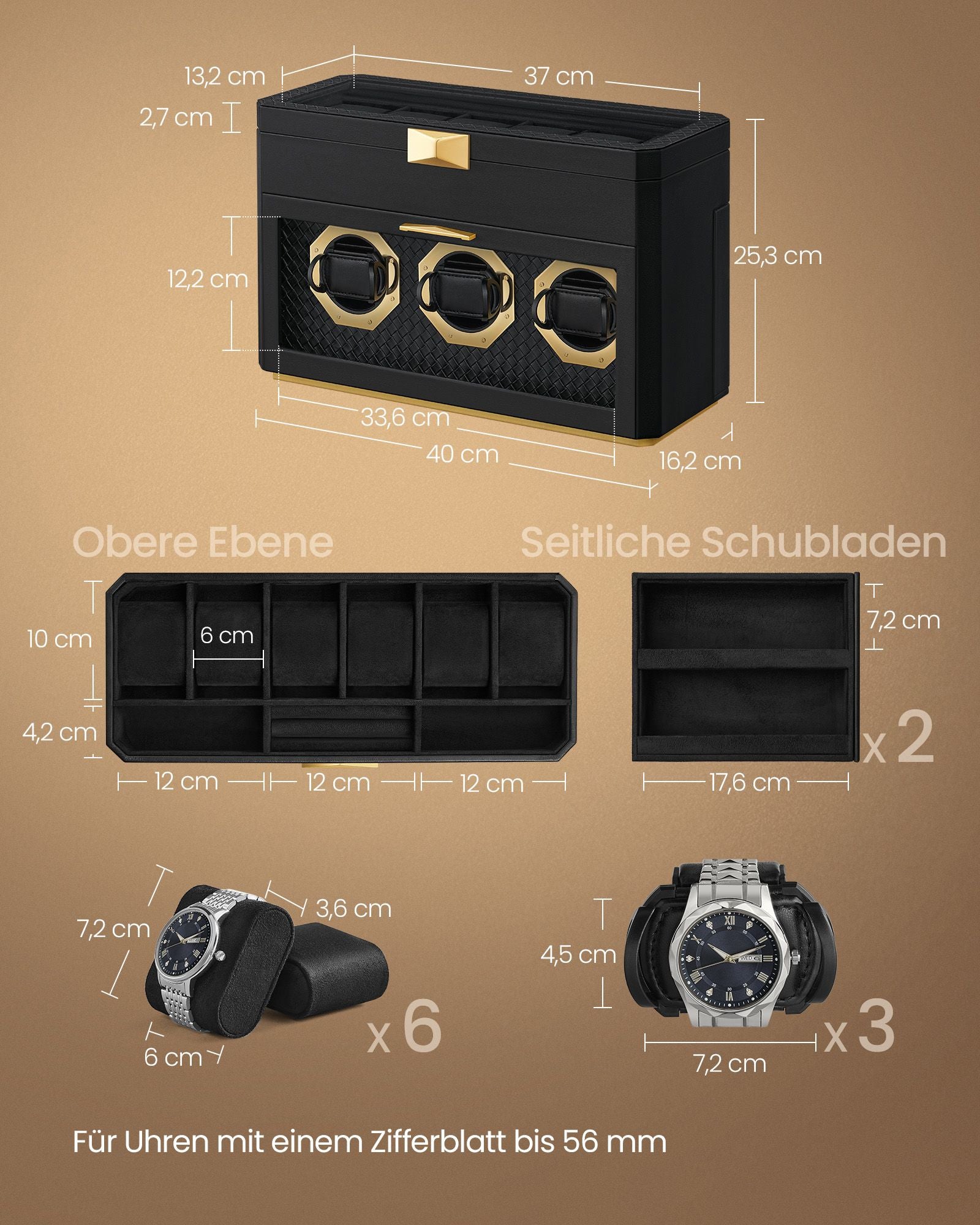 Beobachtungsschachtel - für 9 Uhren - mit Tintenschwarzglasfenster