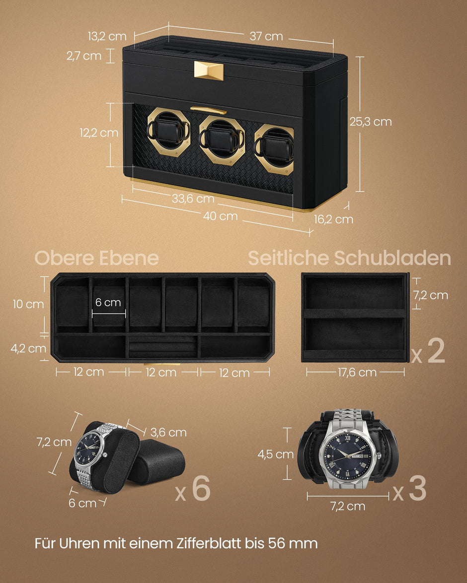 Beobachtungsschachtel - für 9 Uhren - mit Tintenschwarzglasfenster