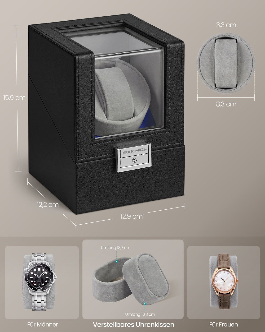 Horlogeopwinder – Voor 1 Horloge – LED-verlichting en Slot – Stil – Zwart en Grijs