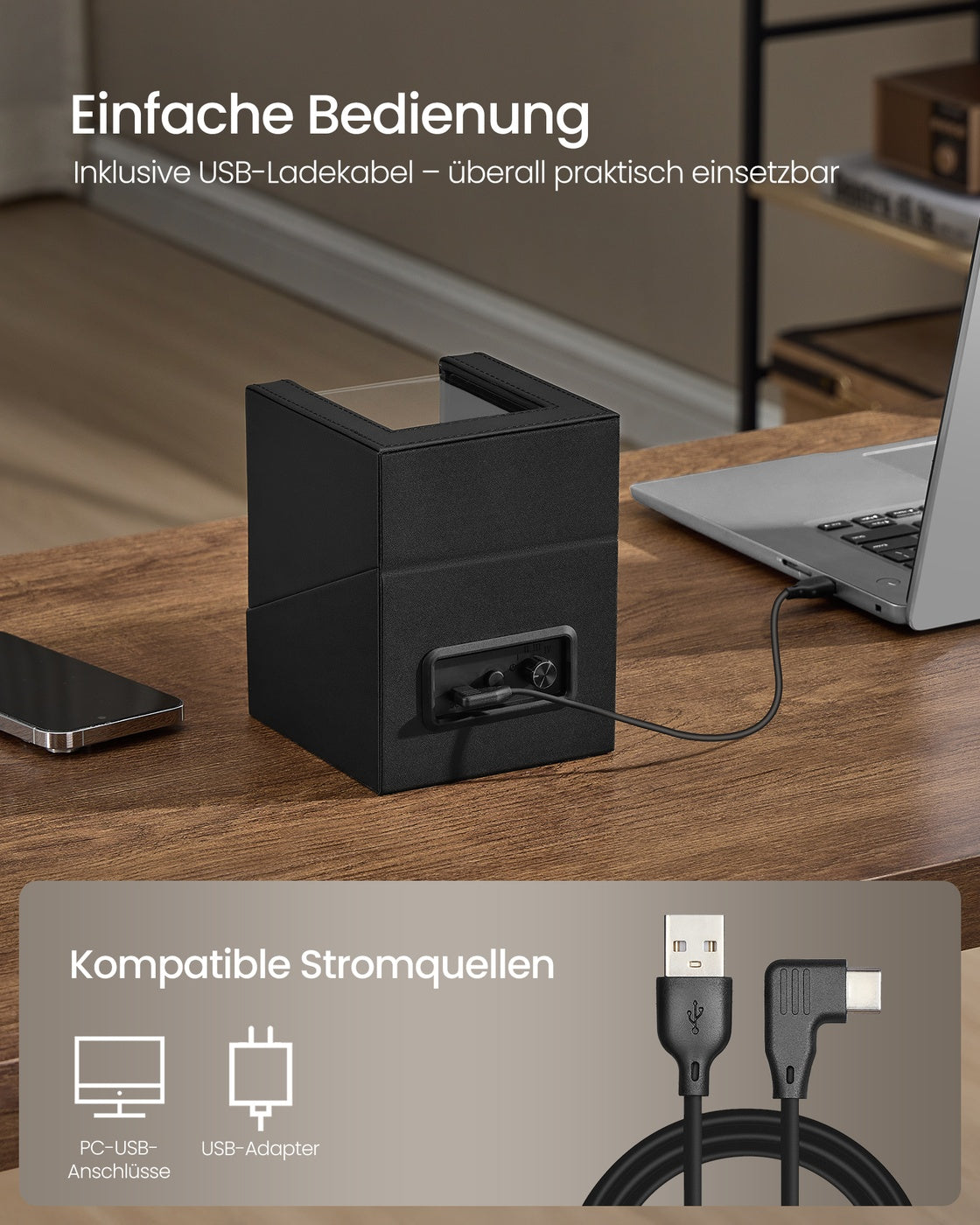 Horlogeopwinder – Voor 1 Horloge – LED-verlichting en Slot – Stil – Zwart en Grijs