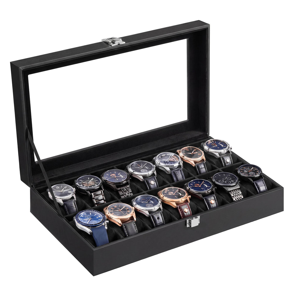 Horlogebox - Met Glazen Deksel en 14 Vakken - PU-leer - Zwart - 34,8 x 20 x 7,5 cm