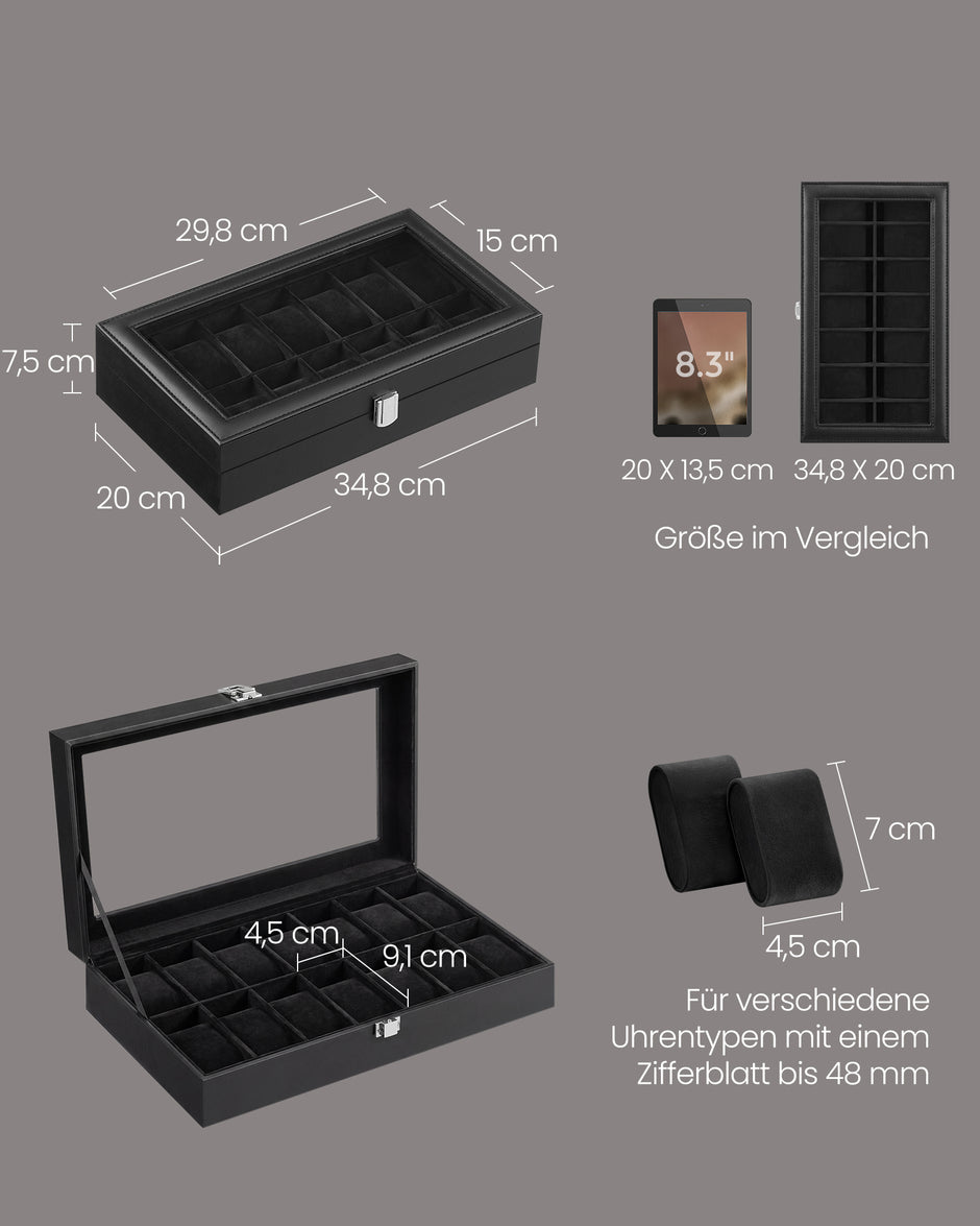 Horlogebox - Met Glazen Deksel en 14 Vakken - PU-leer - Zwart - 34,8 x 20 x 7,5 cm
