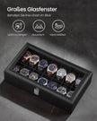 Horlogebox - Met Glazen Deksel en 14 Vakken - PU-leer - Zwart - 34,8 x 20 x 7,5 cm