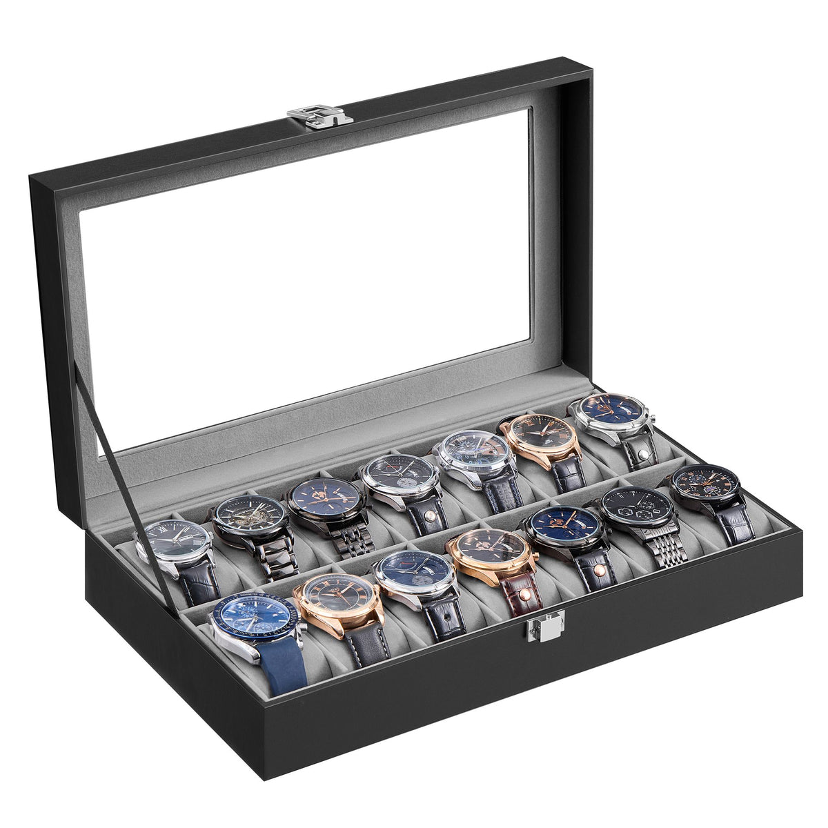 Horlogebox - Met Glazen Deksel en 14 Vakken - PU-leer - Zwart - 34,8 x 20 x 7,5 cm