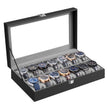 Horlogebox - Met Glazen Deksel en 14 Vakken - PU-leer - Zwart - 34,8 x 20 x 7,5 cm