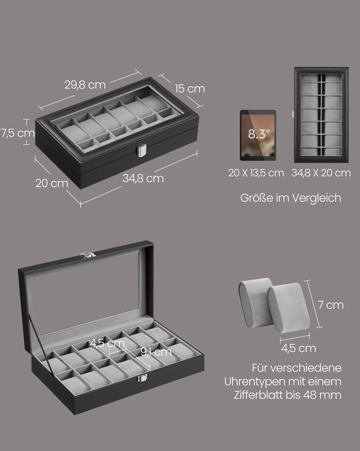 Horlogebox - Met Glazen Deksel en 14 Vakken - PU-leer - Zwart - 34,8 x 20 x 7,5 cm