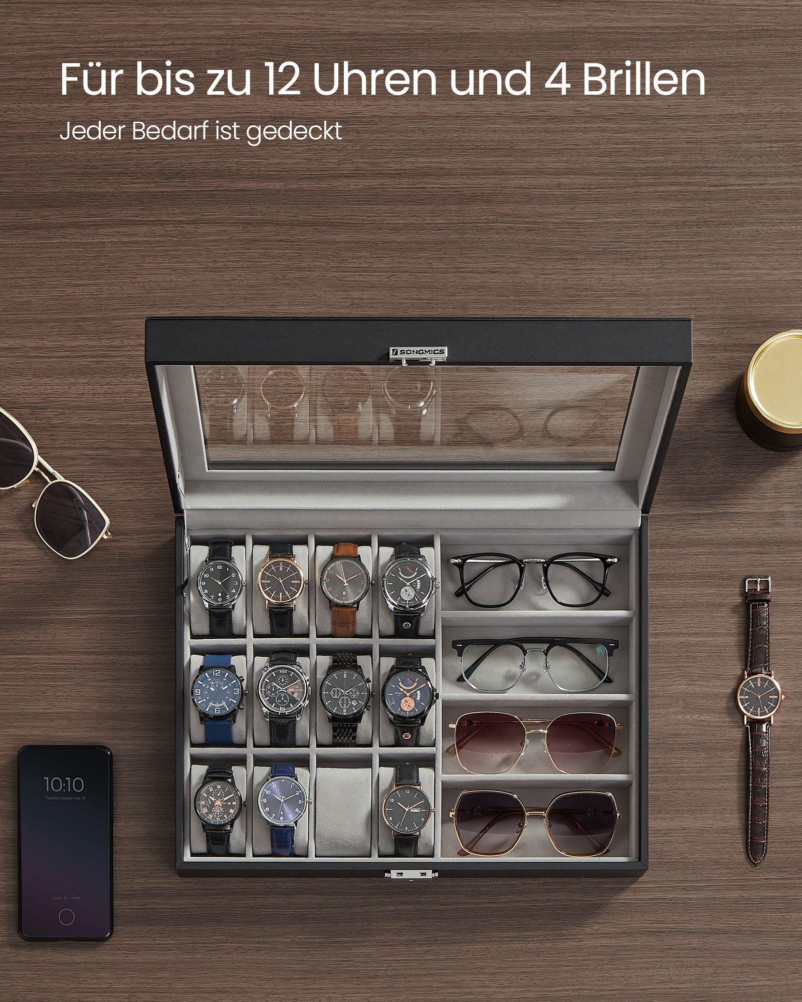 Schließbare Uhrenbox mit 16 Fächern, Tinte schwarz