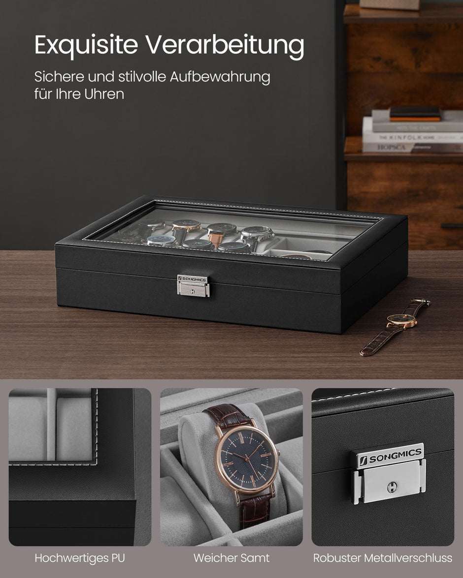 Schließbare Uhrenbox mit 16 Fächern, Tinte schwarz