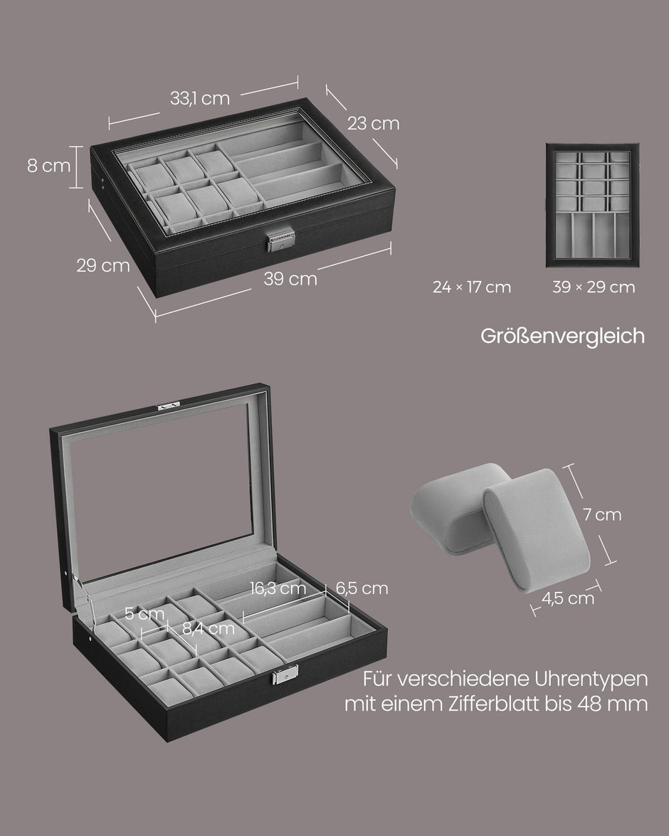 Schließbare Uhrenbox mit 16 Fächern, Tinte schwarz