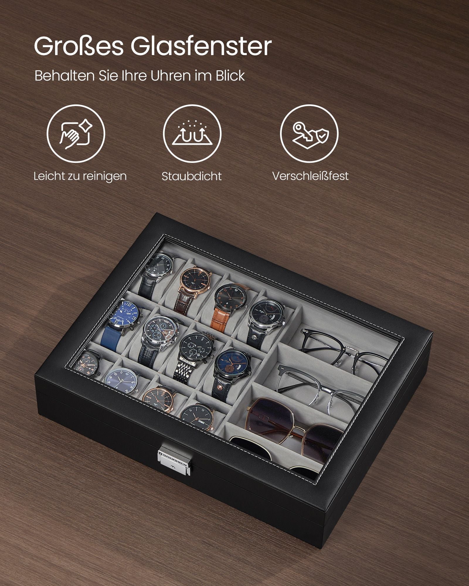 Schließbare Uhrenbox mit 16 Fächern, Tinte schwarz