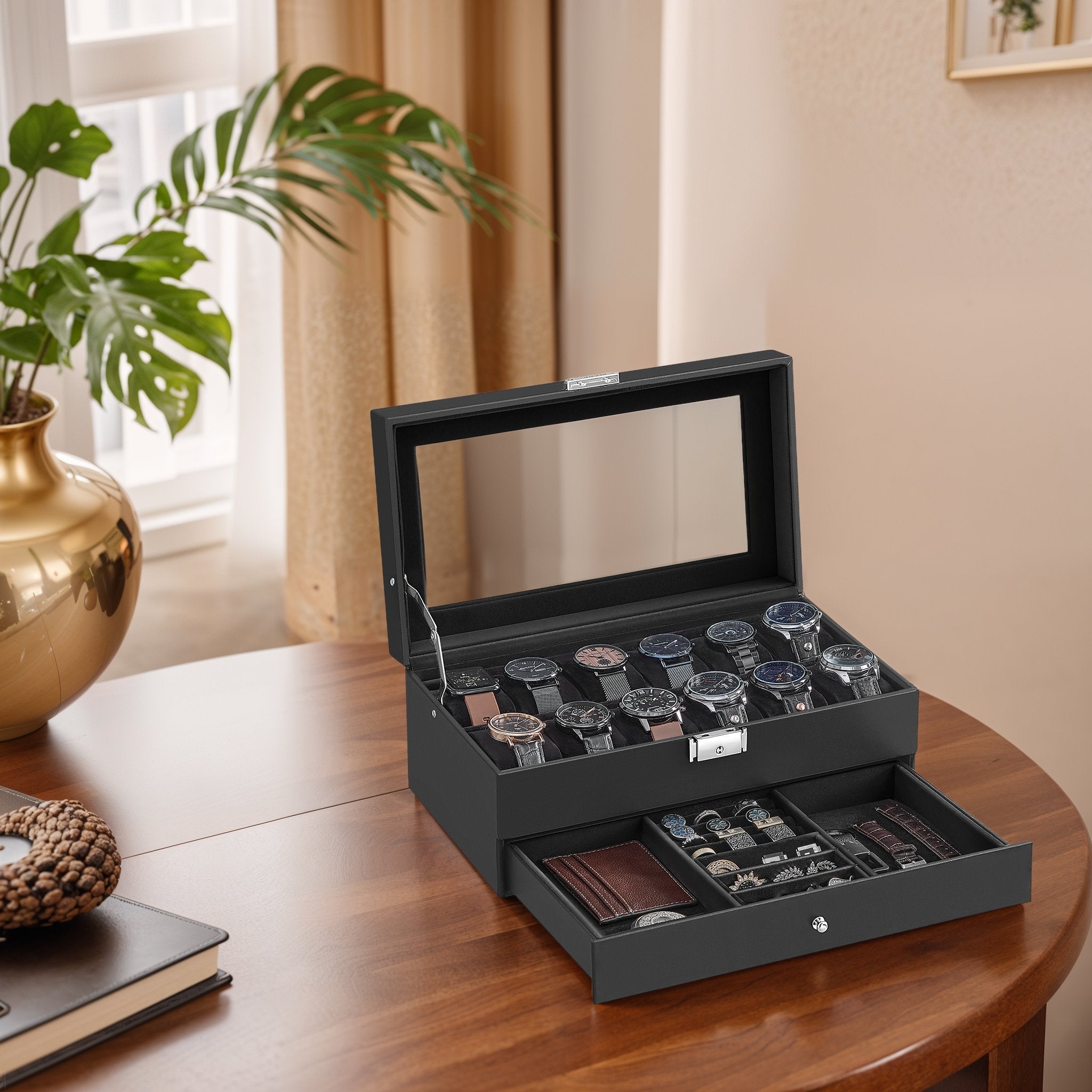Watchbox mit Glasdeckel - 2 Schichten für 12 Uhren