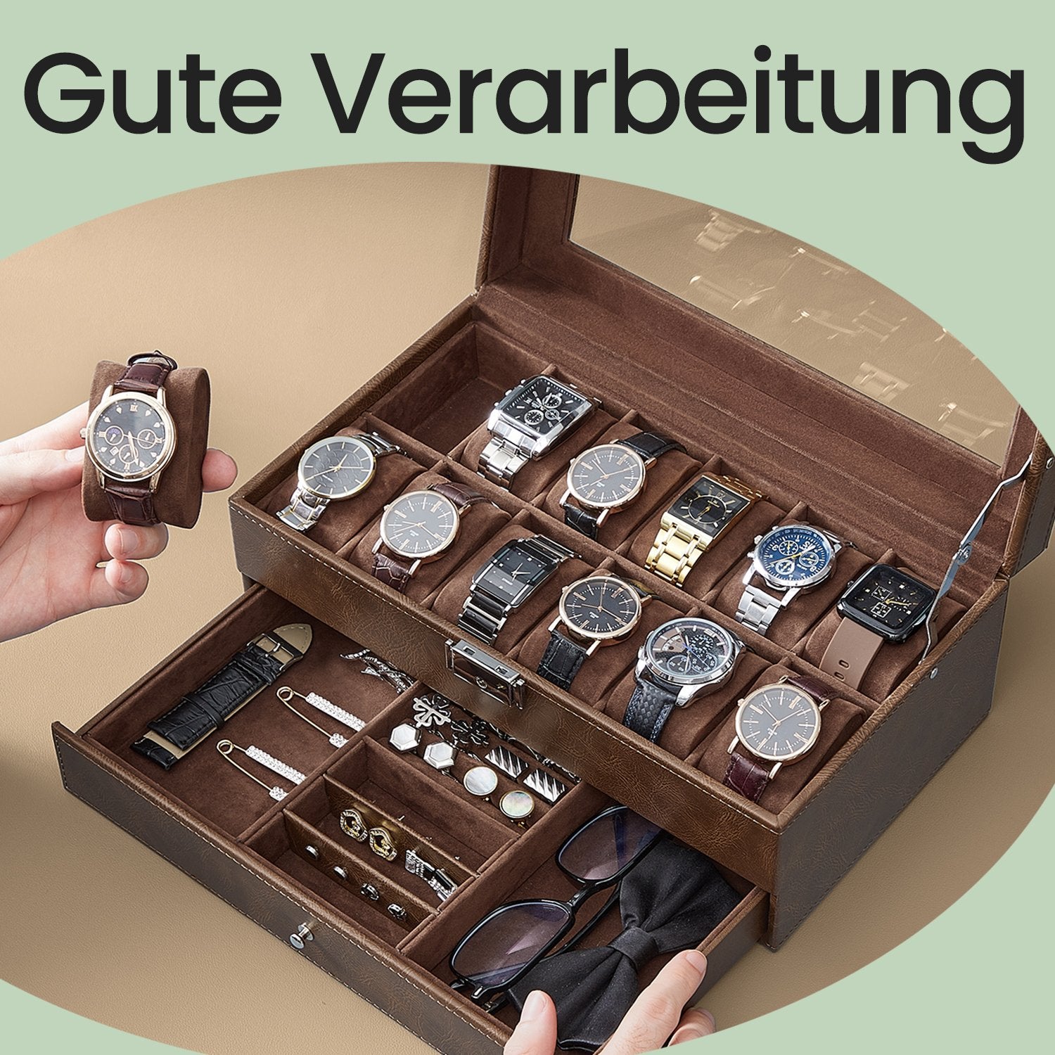 Watchbox mit Glasdeckel - 2 Schichten für 12 Uhren
