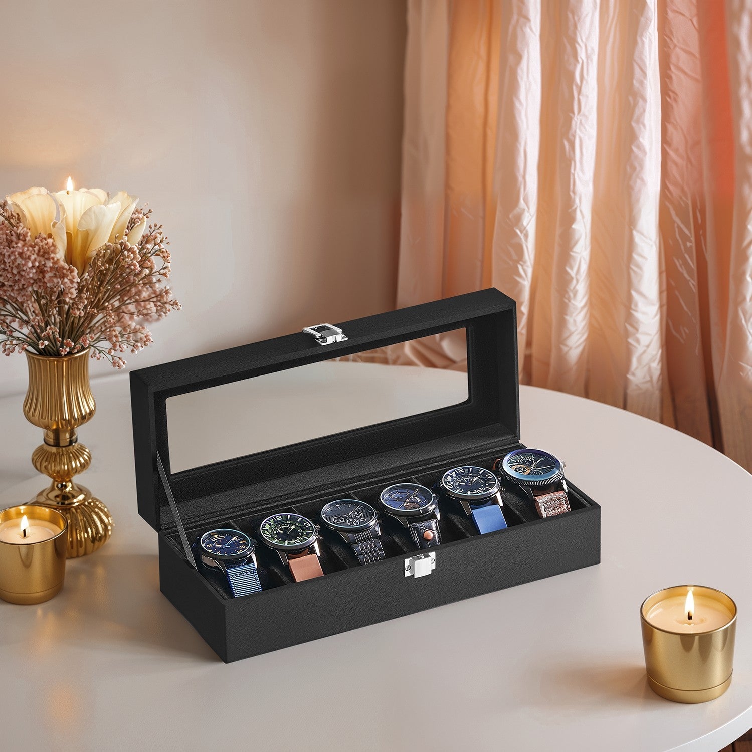 Beobachtungsschachtel mit Glasdeckel - 6 Fächer für Uhren, elegantes Display