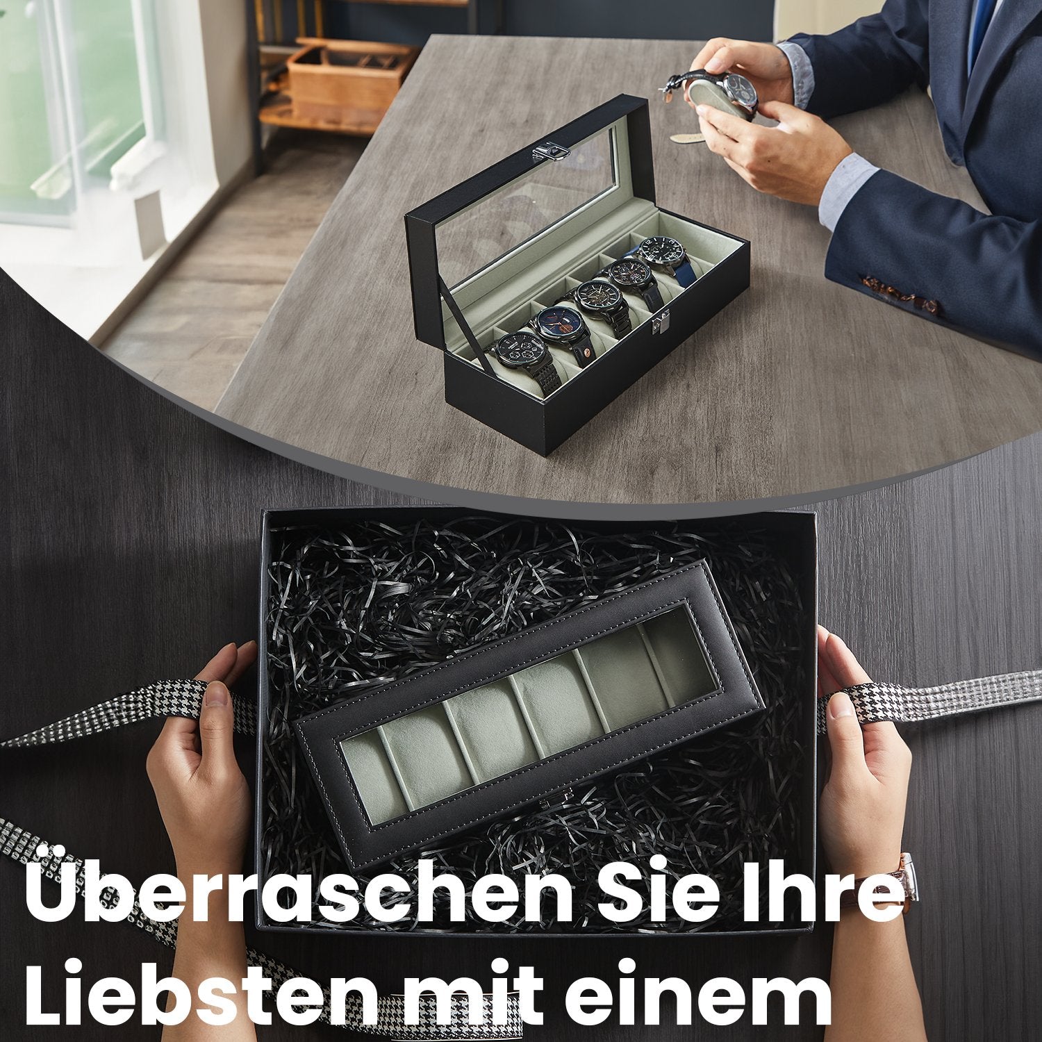 Beobachtungsschachtel mit Glasdeckel - 6 Fächer für Uhren, elegantes Display