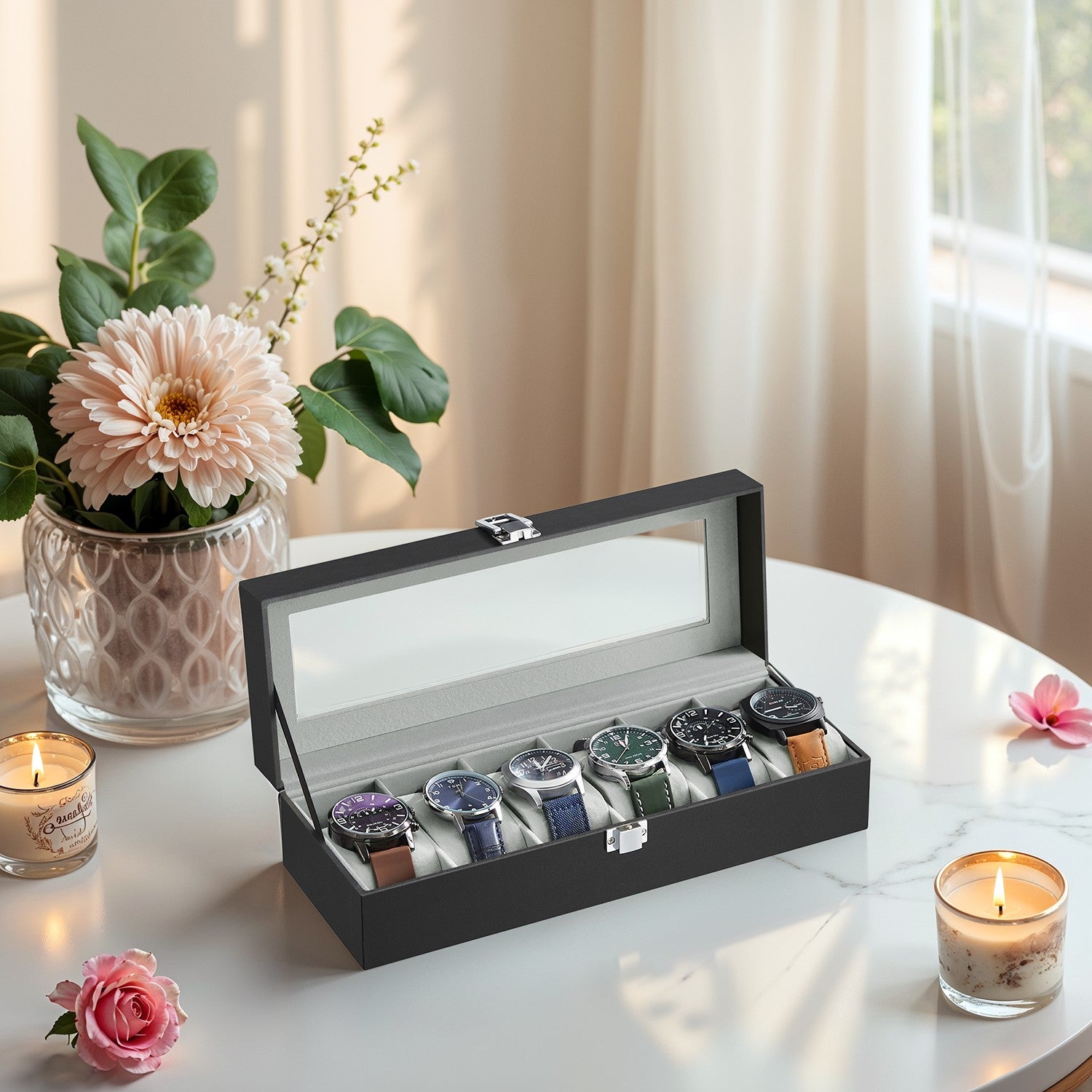Beobachtungsschachtel mit Glasdeckel - 6 Fächer für Uhren, elegantes Display