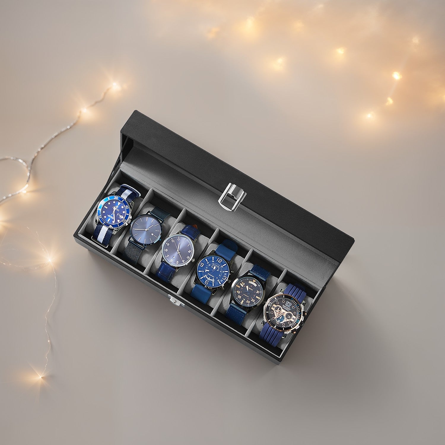 Beobachtungsschachtel mit Glasdeckel - 6 Fächer für Uhren, elegantes Display
