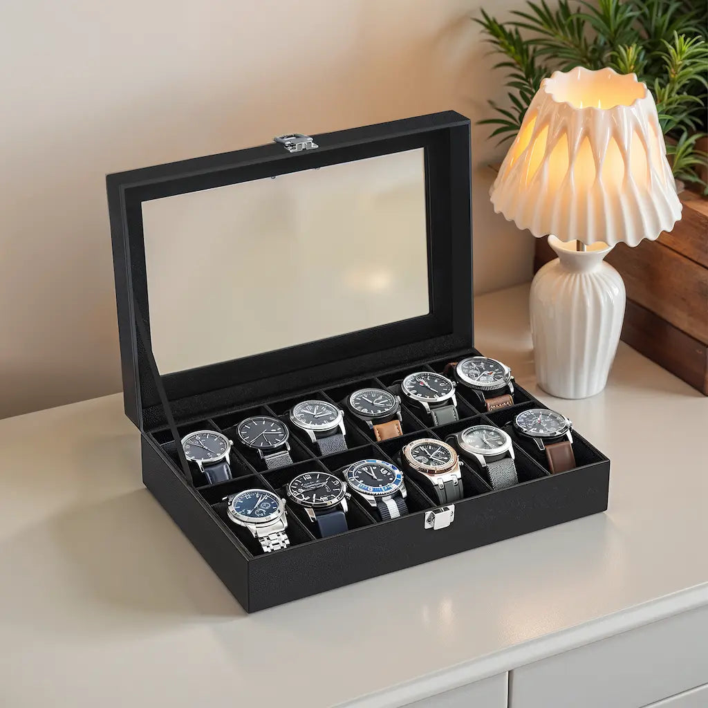 Beobachtungsschachtel - mit 12 Fächern und Glasdeckel, Luxus -Aufbewahrungsbox