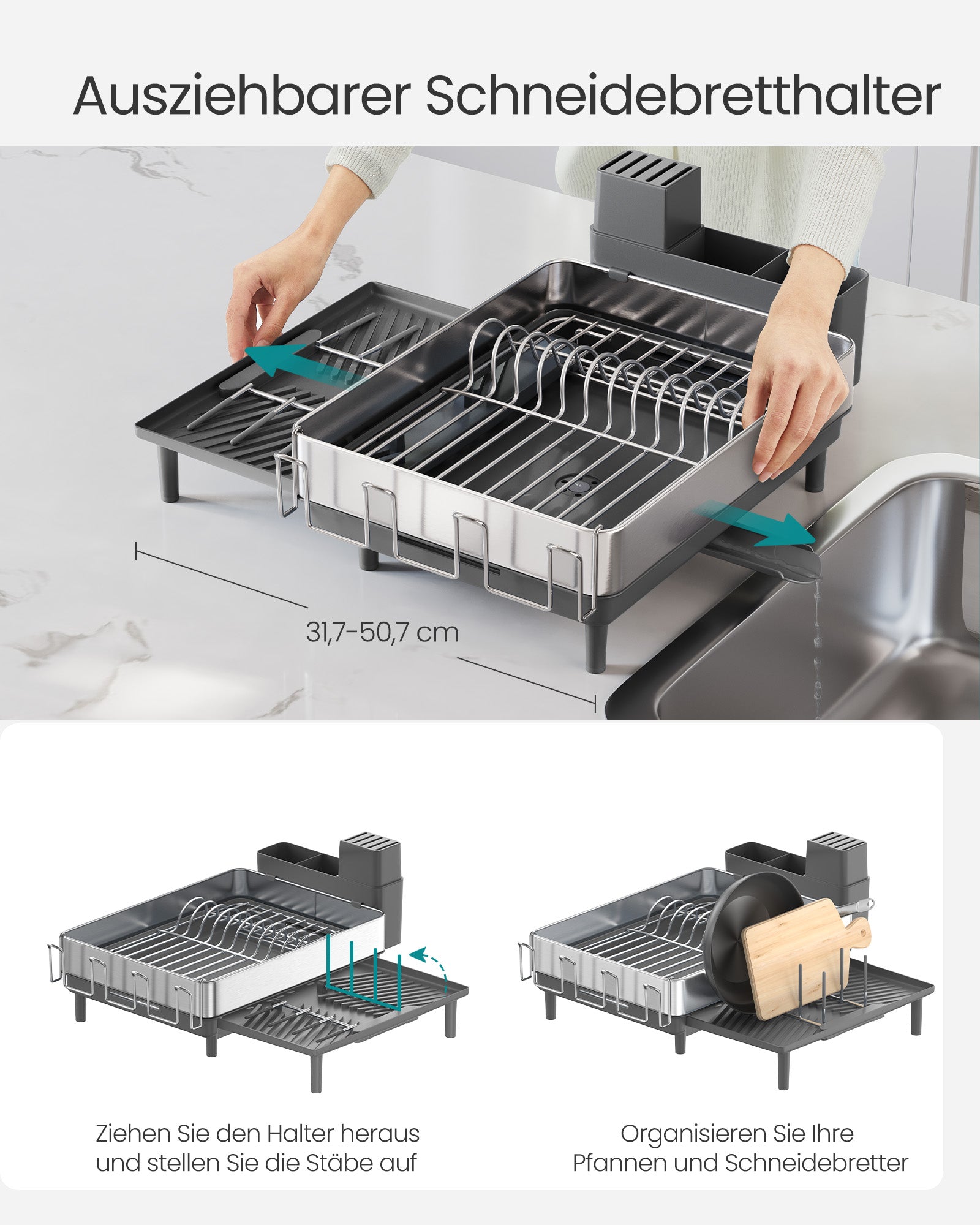Rack mit silbergrauem Besteckhalter abtropfen lassen
