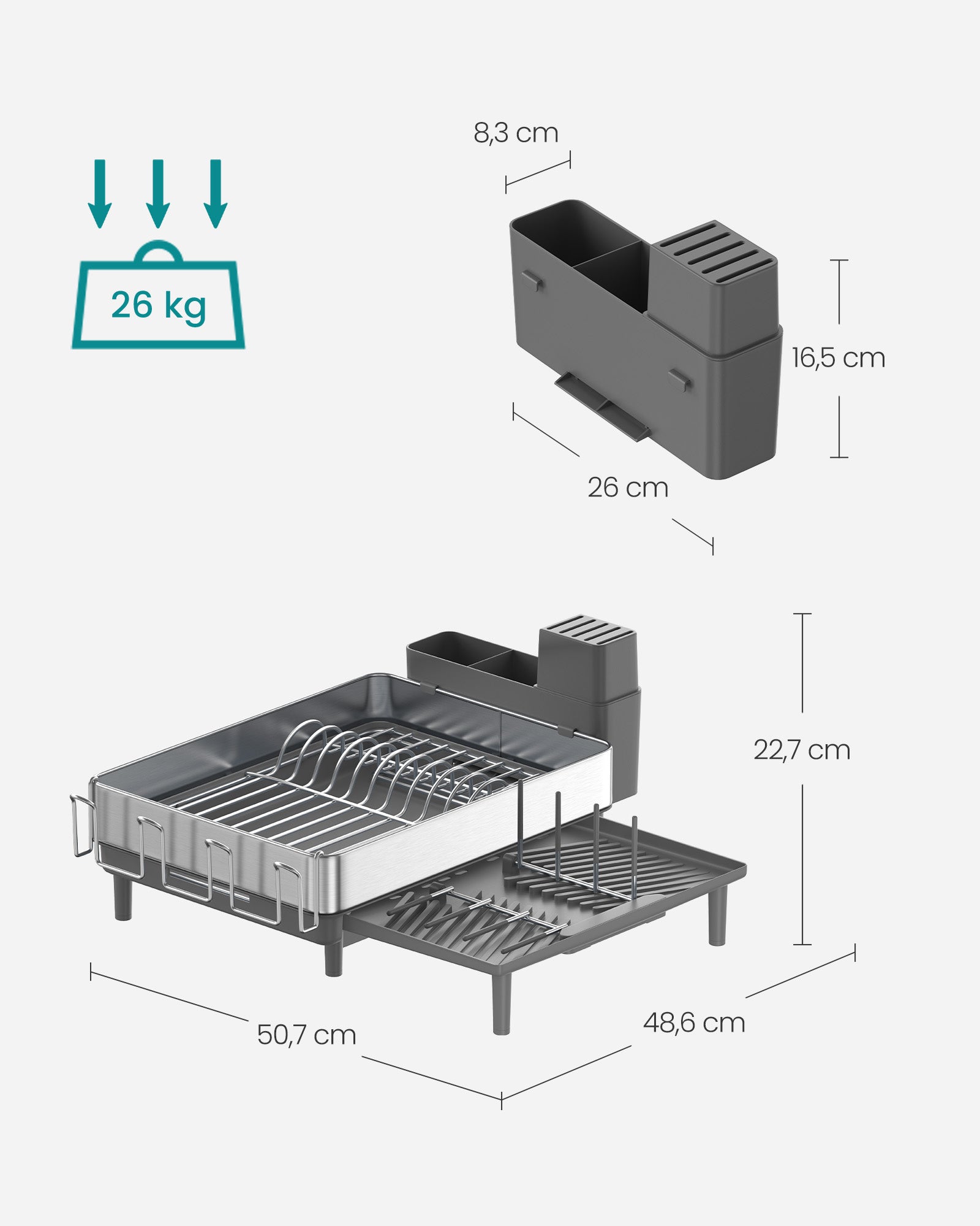 Rack mit silbergrauem Besteckhalter abtropfen lassen