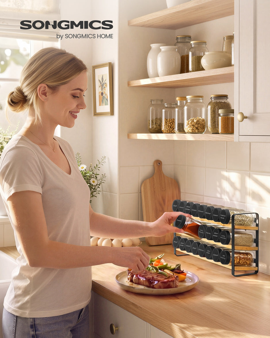 Kruidenrek - 3 Planken - 24 Potjes - Met Etiketten - Inktzwart-Naturel Beige