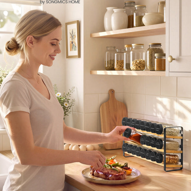 Kruidenrek - 3 Planken - 24 Potjes - Met Etiketten - Inktzwart-Naturel Beige