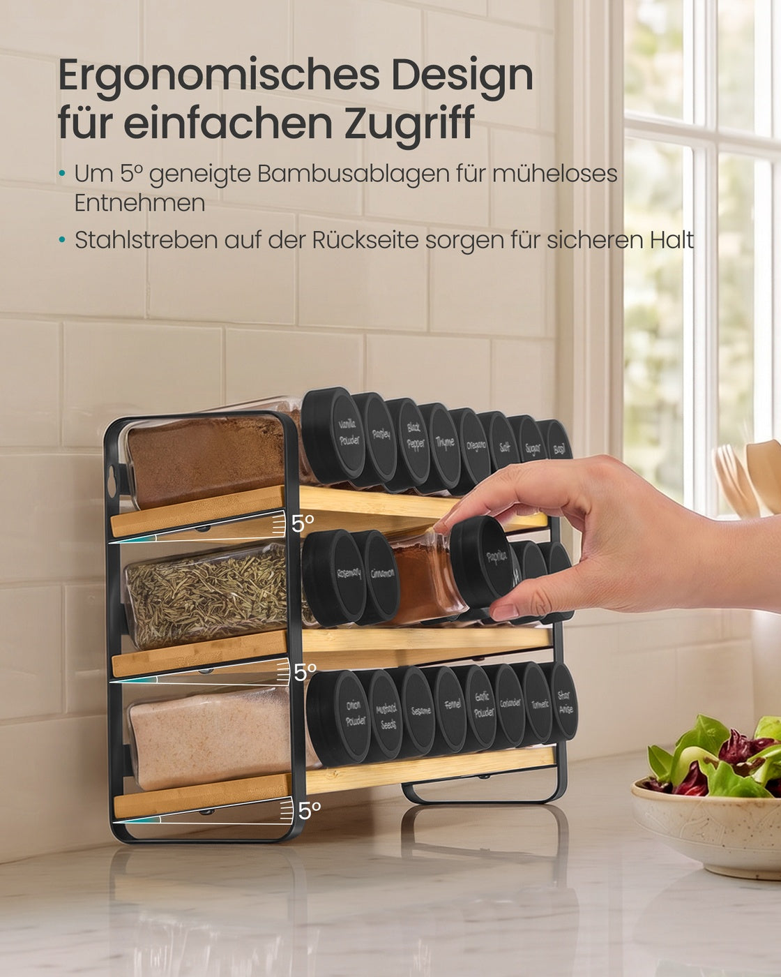 Kruidenrek - 3 Planken - 24 Potjes - Met Etiketten - Inktzwart-Naturel Beige
