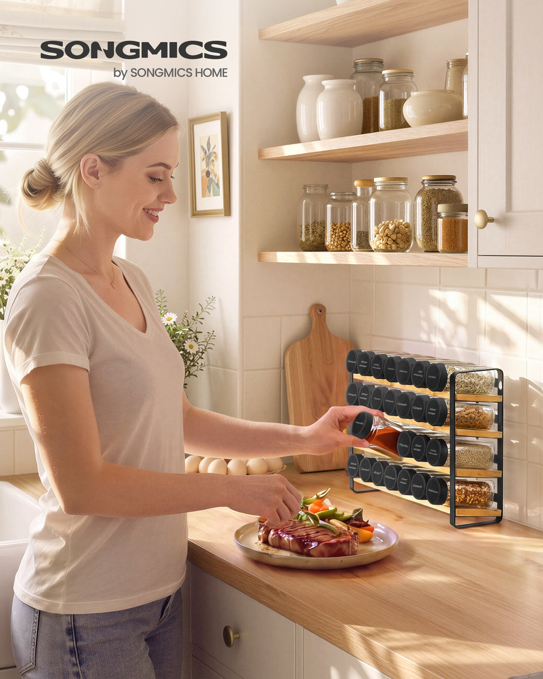 Kruidenrek - 4 Planken - 28 Potjes - Met Etiketten - Inktzwart-Naturel Beige