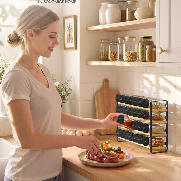 Kruidenrek - 4 Planken - 28 Potjes - Met Etiketten - Inktzwart-Naturel Beige