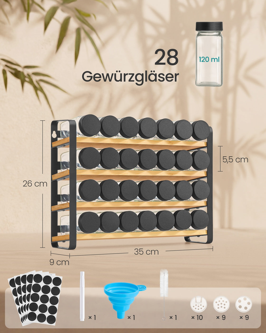 Kruidenrek - 4 Planken - 28 Potjes - Met Etiketten - Inktzwart-Naturel Beige