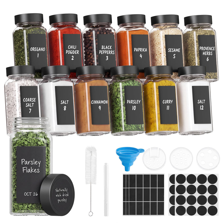 Kruidenpotjes Glas – Set van 12 – 120 ml – Met Strooideksel en Etiketten – Zwart